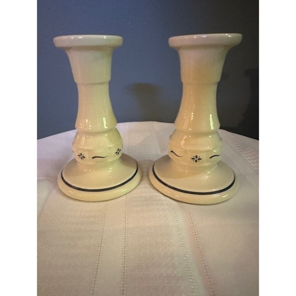 Set of 2 Vintage Longaberger Pottery Candlesticks Woven Blue Traditions